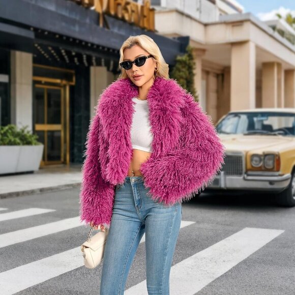 Faux Fur Coat for Women Pink Plus Size Cropped Fluffy Fall Jacket Winter Wear - Picture 4 of 4